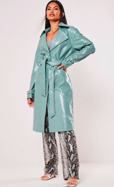 Green Textured Vinyl Trench Coat 