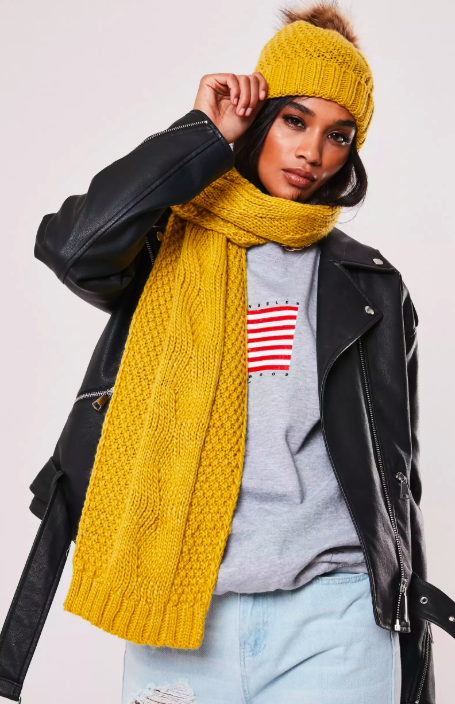 Mustard Cable Knit Hat and Scarf Set