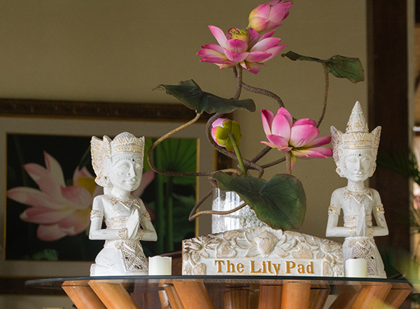 The Lily Pad , our new lounge and dining area, is now open. It is a large elegant space in a lush tropical setting overlooking our carefully tended food gardens, with the river, our day spa and beautiful rice paddies beyond. 