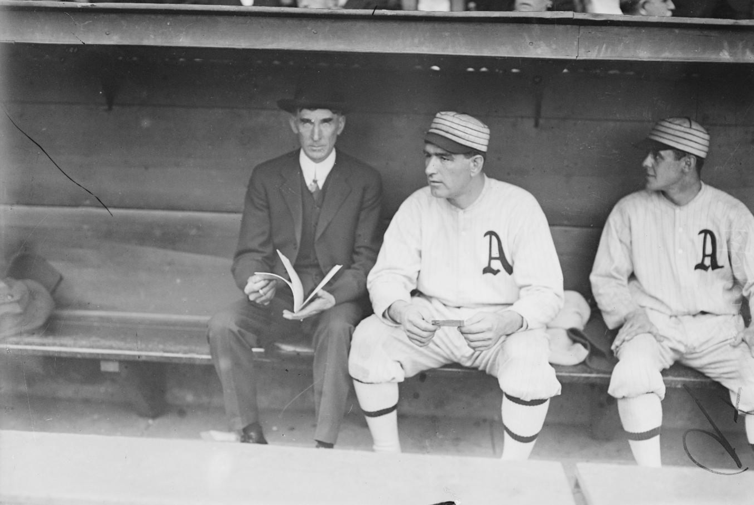Connie Mack (left) managing his Philadelphia Athletics, 1914.