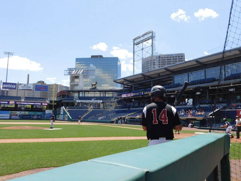 Mark DiTommaso, Marlborough Braves on deck at Dunkin’ Donuts Park, 2017.