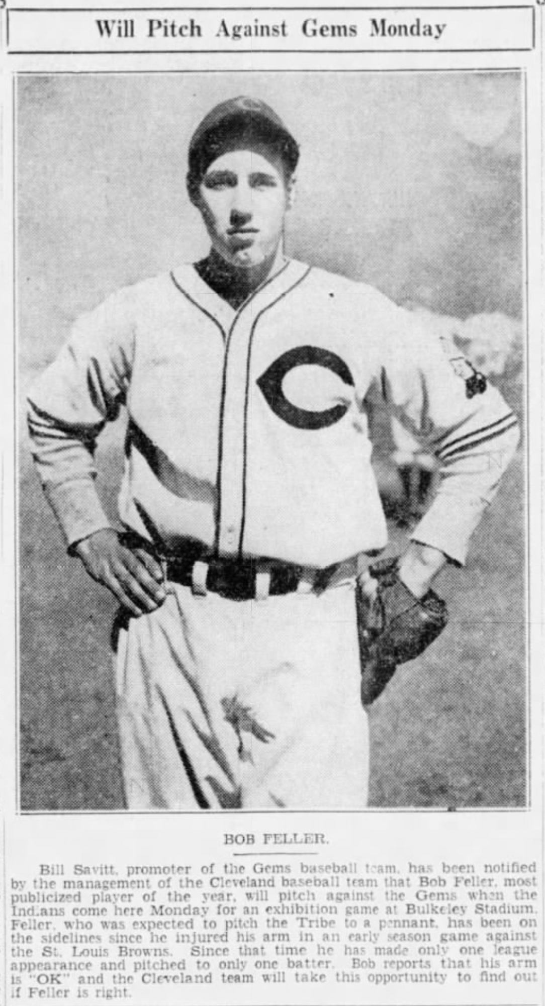 Bob Feller Cleveland Indians, 1937.
