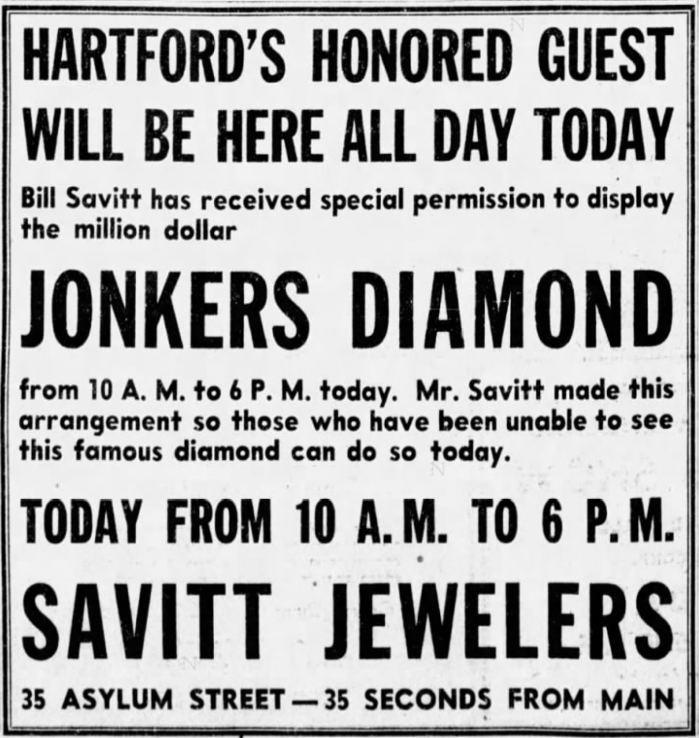 Savitt Jewelers, Jonkers Diamond advertisement, 1945.