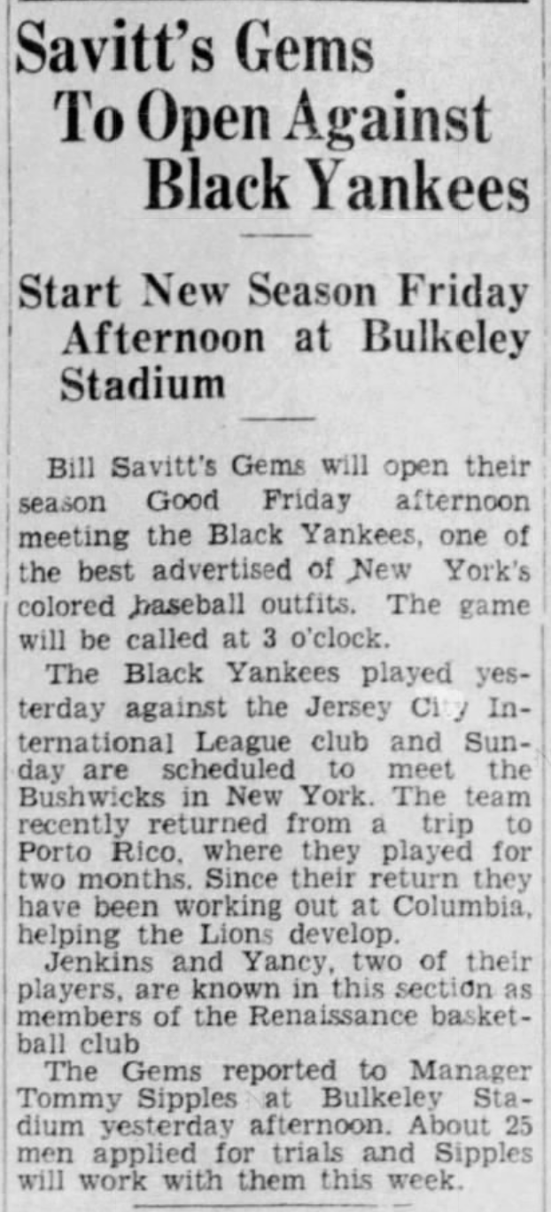 Savitt Gems vs. New York Black Yankees, 1933.