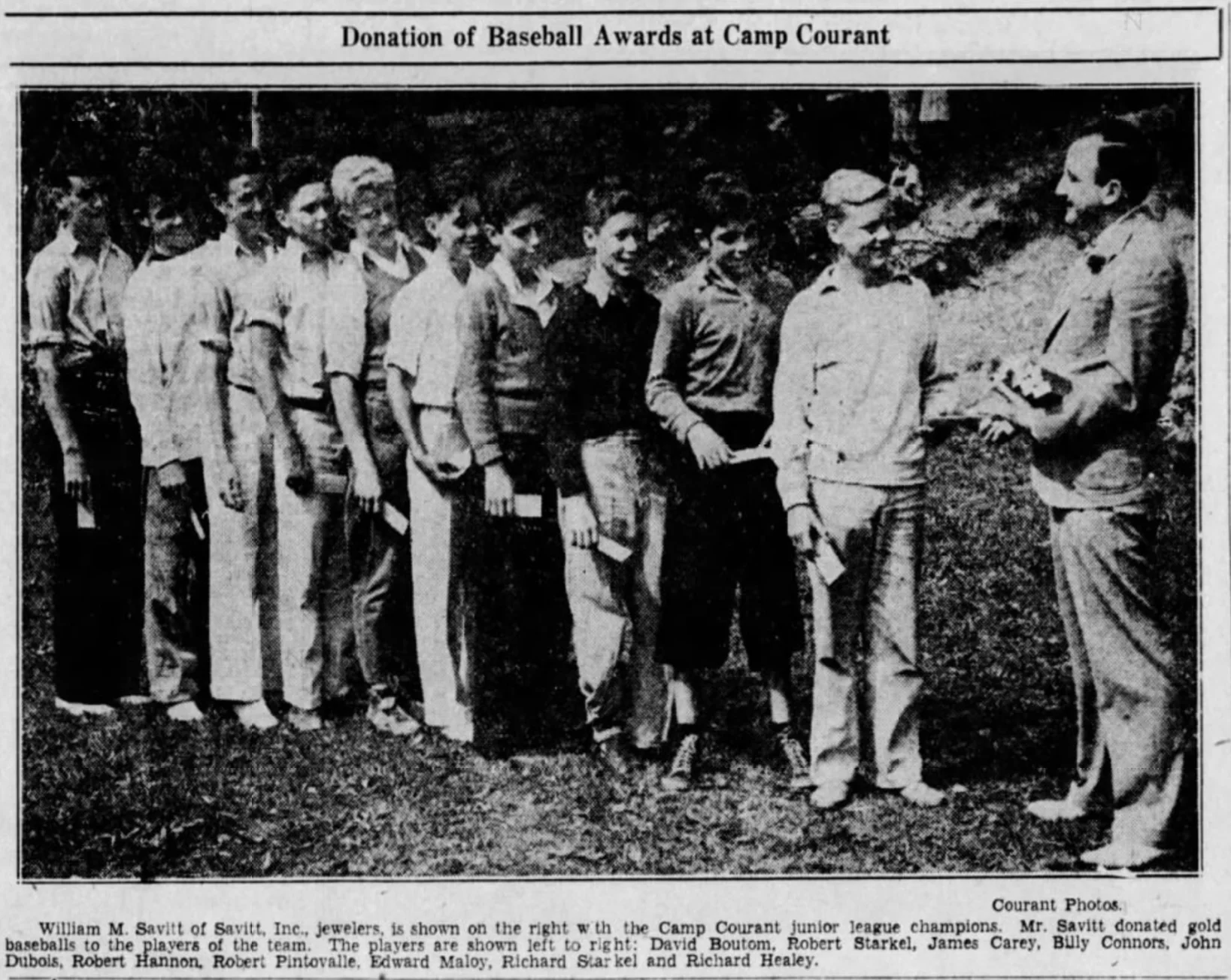 Bill Savitt awards Camp Courant champions, 1934.