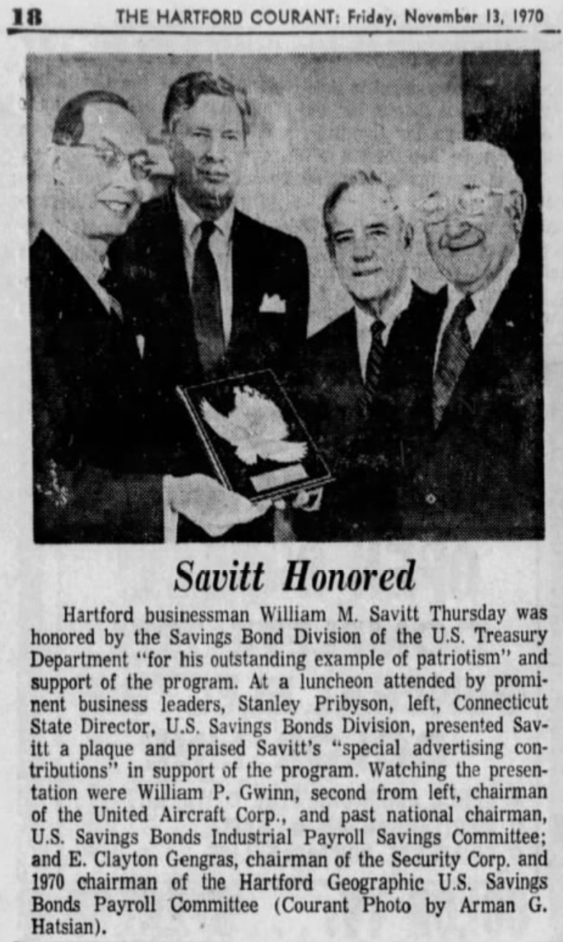 Bill Savitt honored by Savings Bond Division of the U.S. Treasury, 1970.