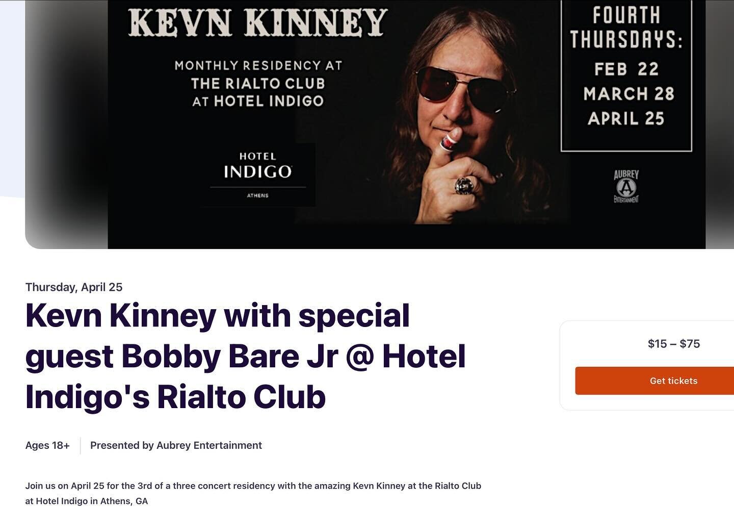 APRIL 15 - ATHENS GA - My rock n roll HERO Kevin Kinney is gonna let me share the stage with him during his Athens GA residency at the Rialto Club in the Indigo Hotel! I have loved his music for as long as I remember. We will both be playin acoustic 