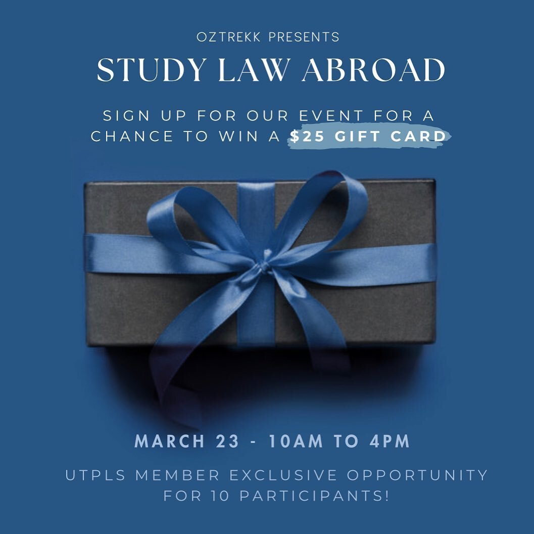 ✈️ Calling all UTPLS members! 🌍 Don&rsquo;t miss out on this exclusive opportunity to win a $25 gift card and join us at our Study Law Abroad Conference! Thanks to our sponsor @oztrekk , 10 lucky participants will get the chance to explore exciting 