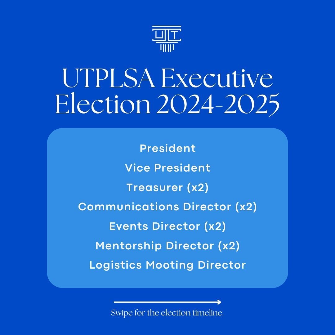 📢 The UTPLSA election for 2024-25 has officially begun! There are 11 executive positions available this year. Please use the link in our bio to access the election information sheet which includes the expectations and responsibilities of each positi