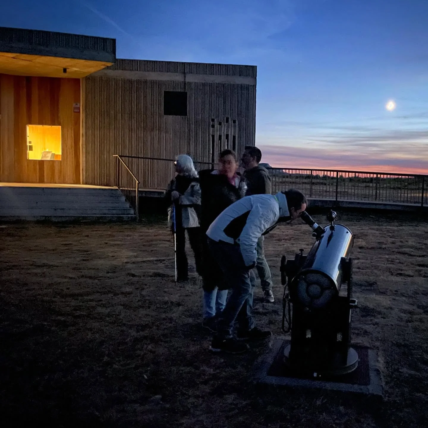 Nightbreak. Setting sun and moon, our first look at our starlight destination.  Low light pollution, clear nights and good optics means lots of stars.  Milky way with the naked eye, Andromeda Galaxy and Saturn and its rings as it rose into the night.