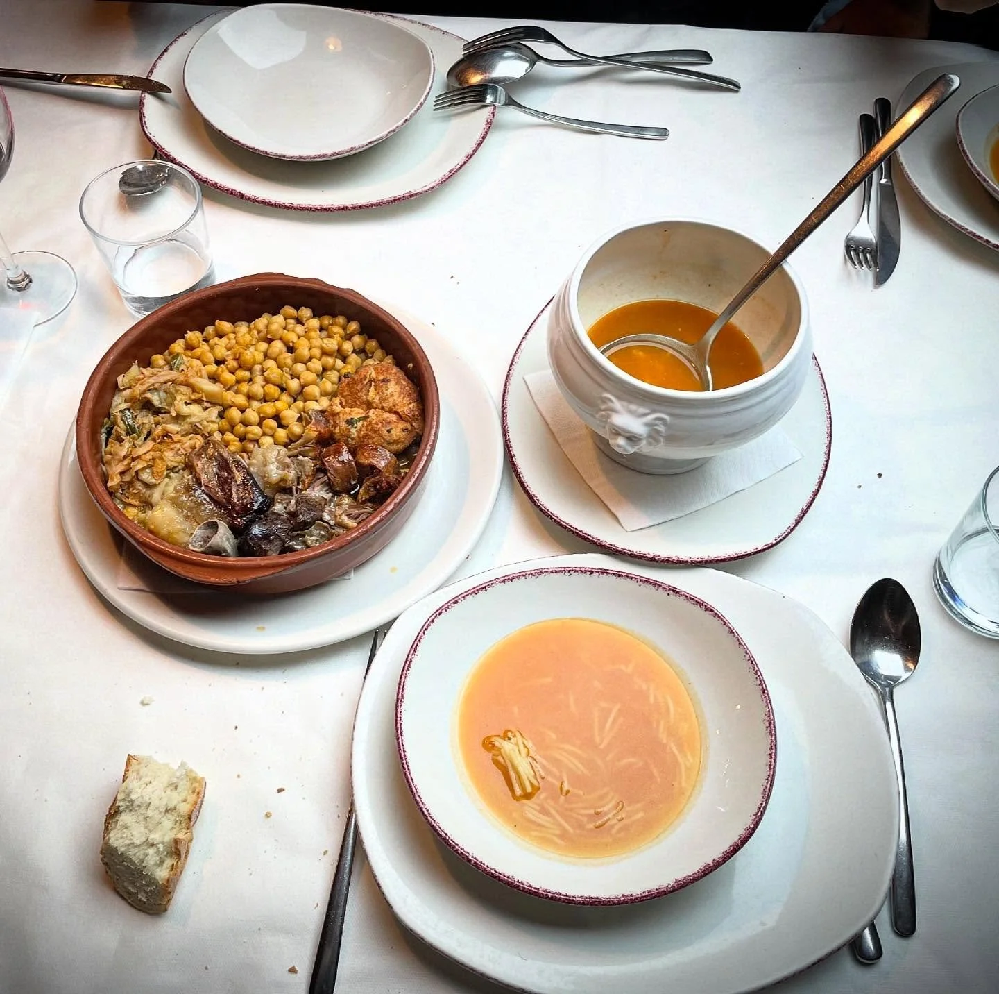 Comfort Food.  Winter is the perfect time to enjoy our hearty, warming stews. This particular one is served soup separately from the contents, eaten afterwards traditionally.  Dense soup followed up by chickpeas, cabbage, bread stuffing, beef, pork r