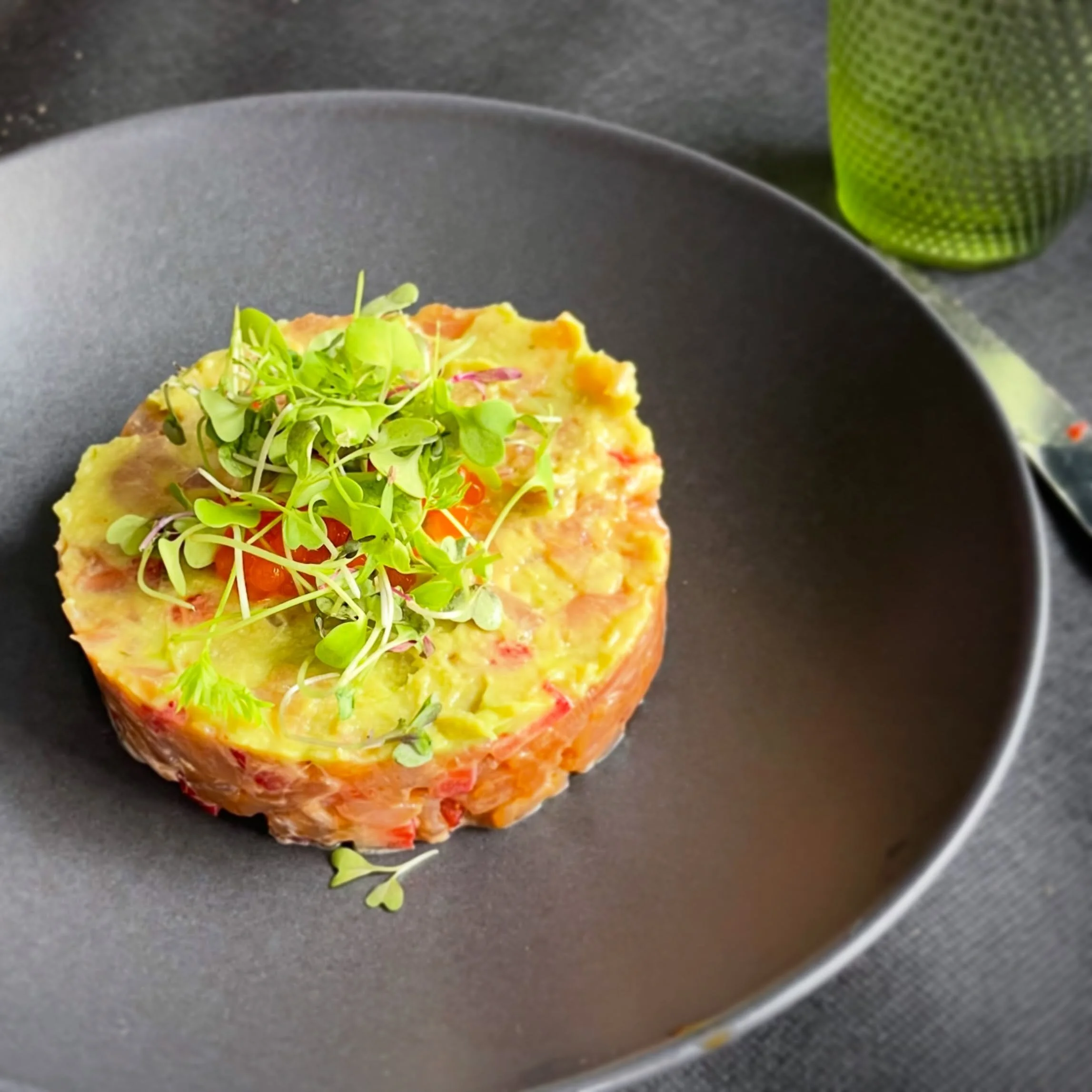 Blue Fin Tina Tartare. Local caught, fresh as could be, made fresher by the berries, avocado and sprouts.  Heckuva combo. #NorthernSpain #foodie #spainfoodie #freshseafood #foodtour