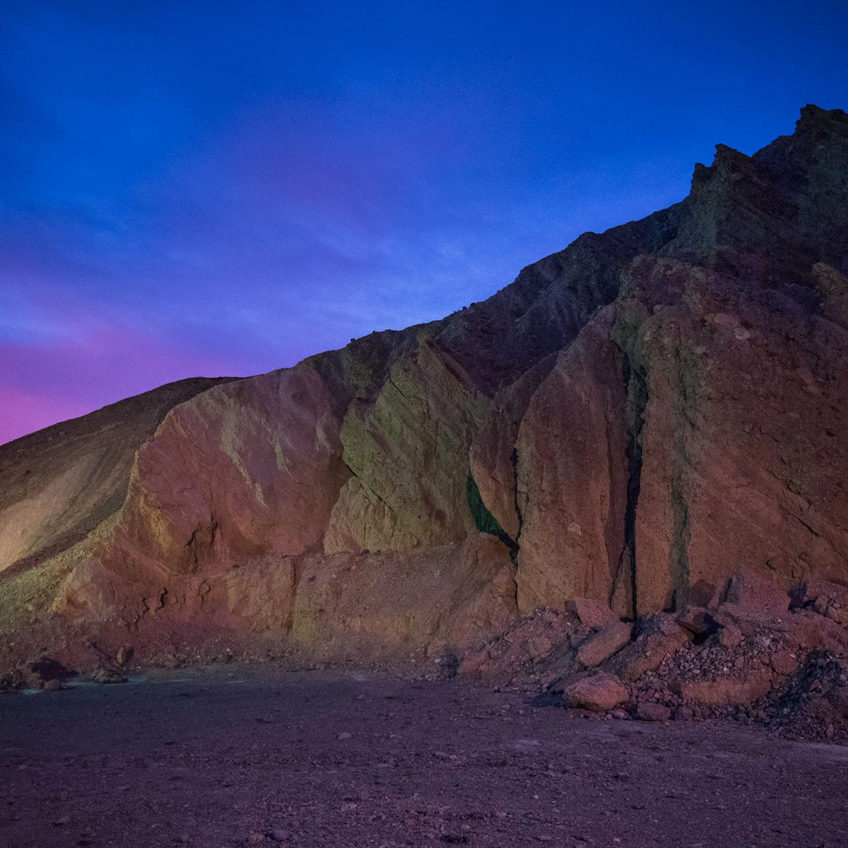 In this image from Death Valley National Park , the night accounts for much of the left half of the histogram (below), and the light-painted rock face and foreground account for much of the right half.
