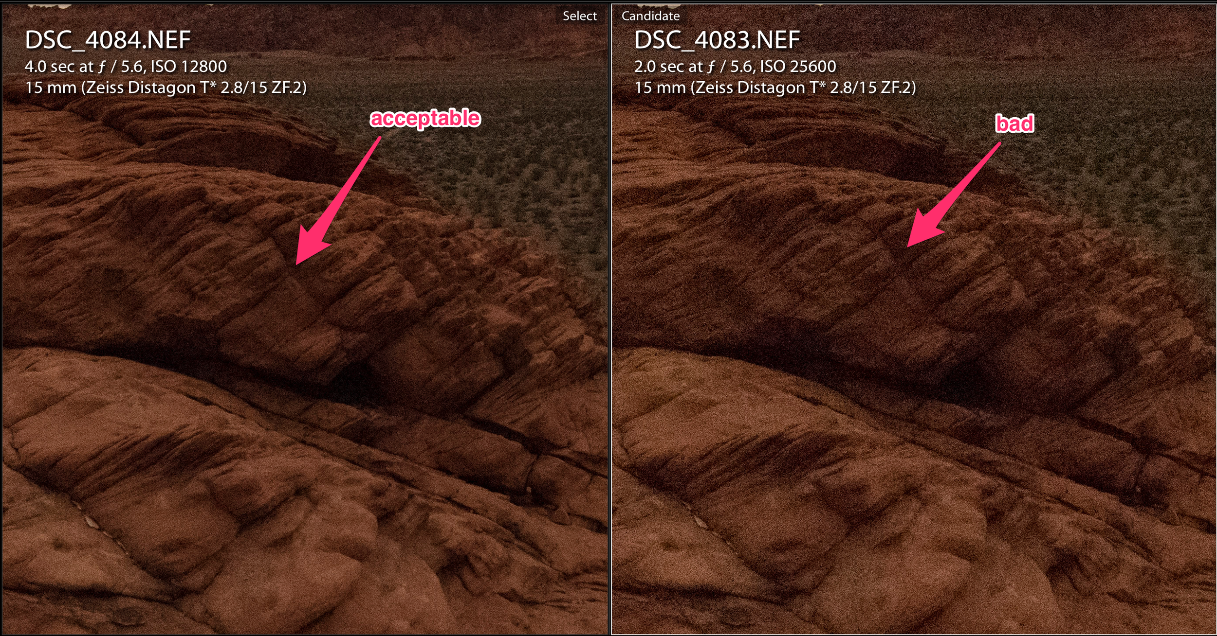 Figure 9. Left: ISO 12,800 with acceptable noise. Right: ISO 25,600 with unacceptable noise. (Click/tap for larger view.)