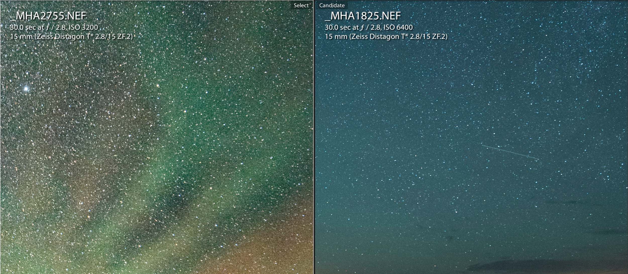 Figure 14. Left: ISO 400 at 65 F. Right: ISO 6,400 at 43 F. Both at 100 percent crop in Lightroom. (Click/tap for larger view.)