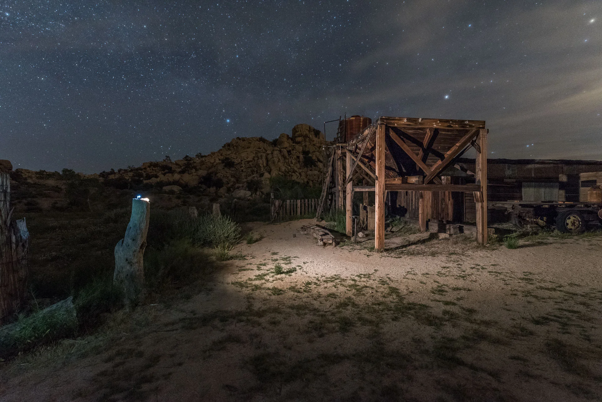 Figure 3. The Luxli Viola LED panel light placed on the far right of the image is perched on a fence post. The only part of it visible to the camera is an LED on the back, which Lance covered with a piece of black gaffer tape so it wouldn't show in the final photograph. So even though the panel is technically in-frame, it disappears into the shadows.
