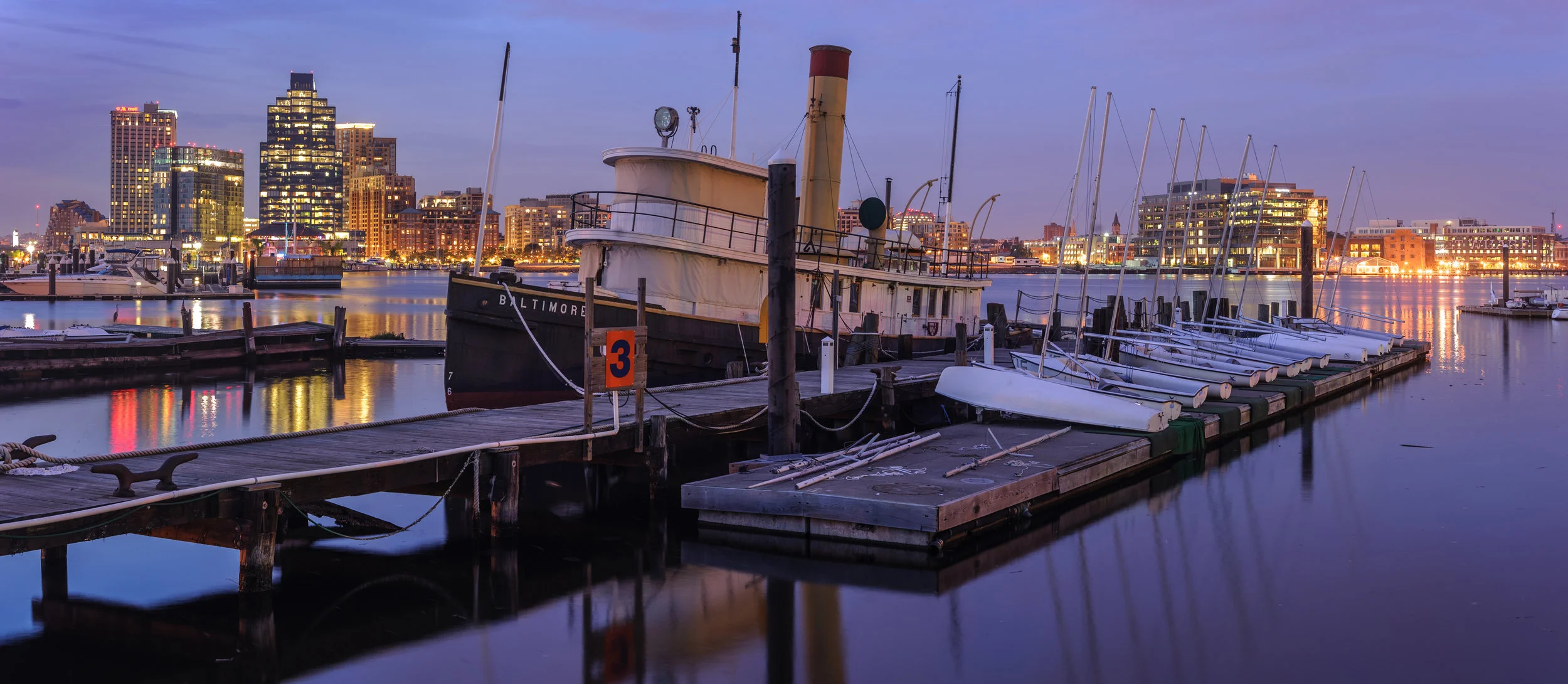Last of civil twilight on a cityscape—Inner Harbor in Baltimore. Nikon D700. 4 second, f/8, ISO 400.