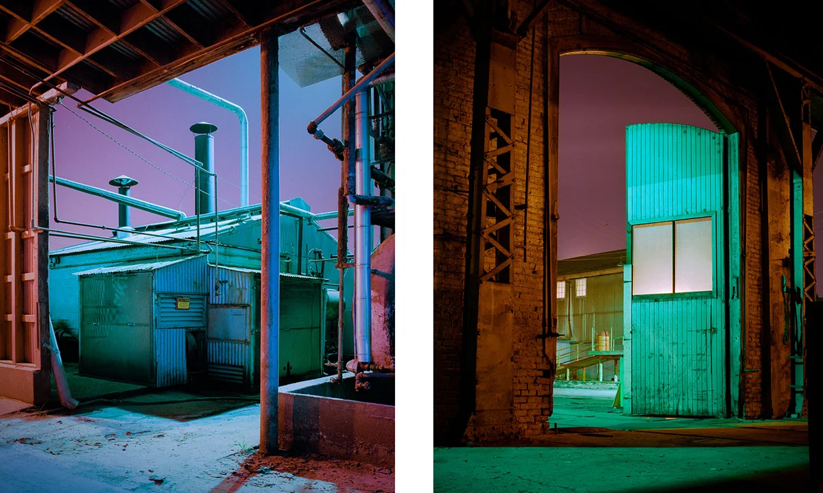 Lance Keimig, "Mixed Lighting Examples," 1995. These two images were shot on Fuji color negative film in 1995 under a combination of sodium and mercury vapor lights. There is no right or wrong white balance here–– whatever looks right to the photographer, is right.