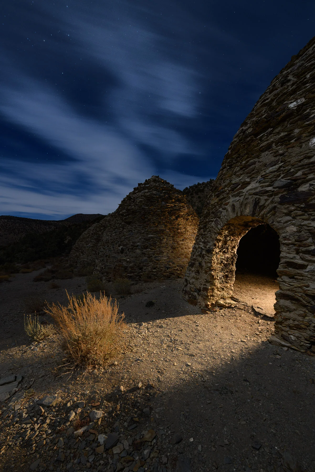 Figure 4. I made another image using similar lighting, but featuring a smaller grouping of the kilns. This image has less ambient exposure for a more dramatic look. 30 seconds, f/7.1, ISO 400.