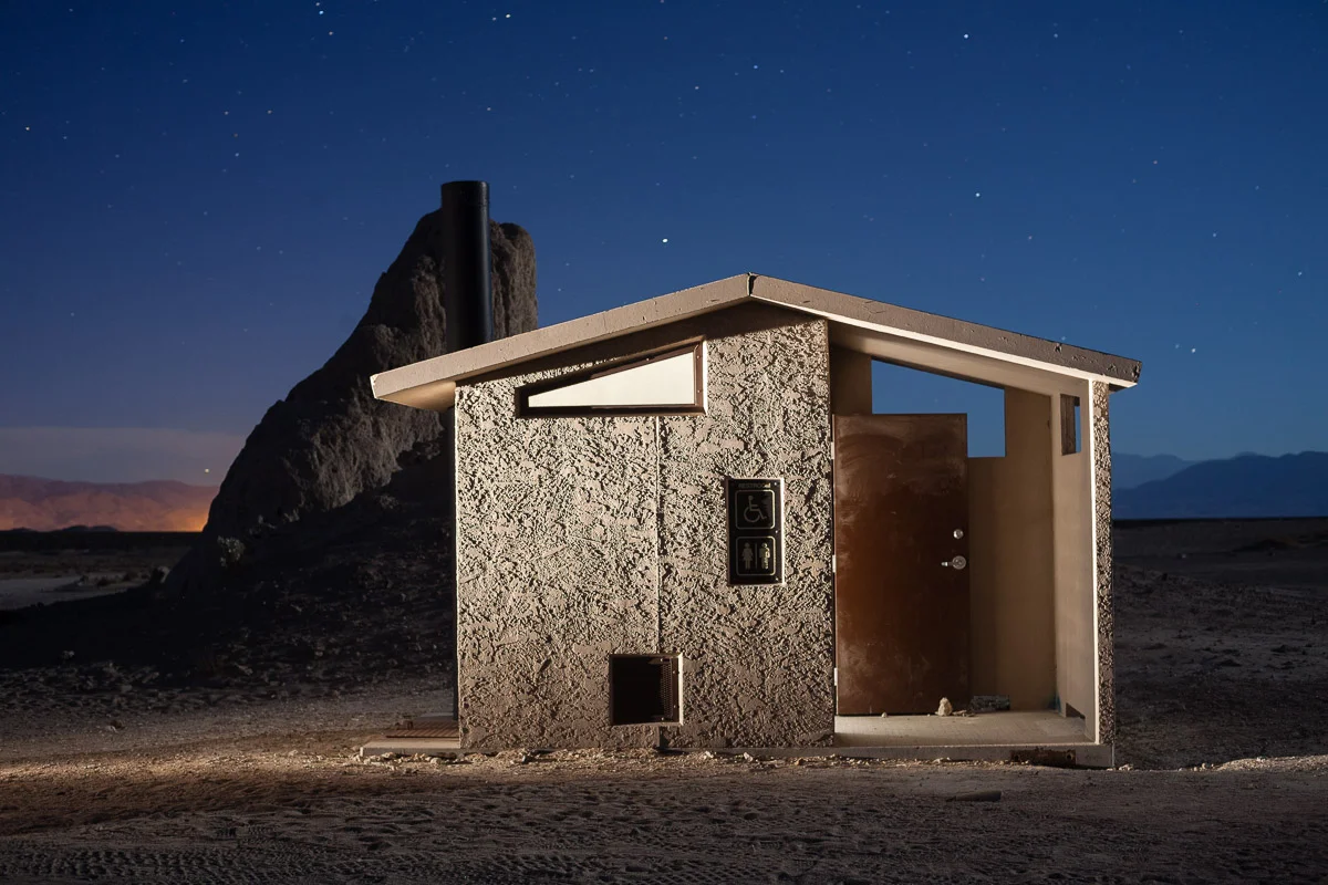 The first attempt. 30 seconds, f/4, ISO 800. Canon 5D Mark II with an Olympus Zuiko Shift 35mm f/2.8 lens. Incandescent flashlight from the right, and inside the loo. I considered this to be overlit.