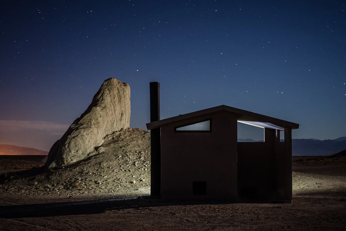 The third attempt. 30 seconds, f/4, ISO 800. Canon 5D Mark II with an Olympus Zuiko Shift 35mm f/2.8 lens. Better-controlled LED bounced off the back wall of the structure, and no light on the front.