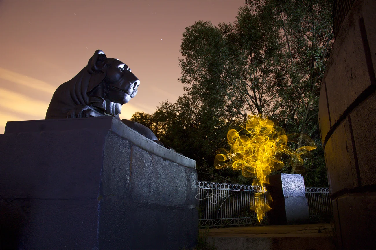 Lion and His Guest. Made with light brush by Bernhard Rauscher. Canon 5D Mark II with a 28-135mm f/3.5-5.6 lens. 116 seconds, f/8, ISO 250. © Sergey Churkin.