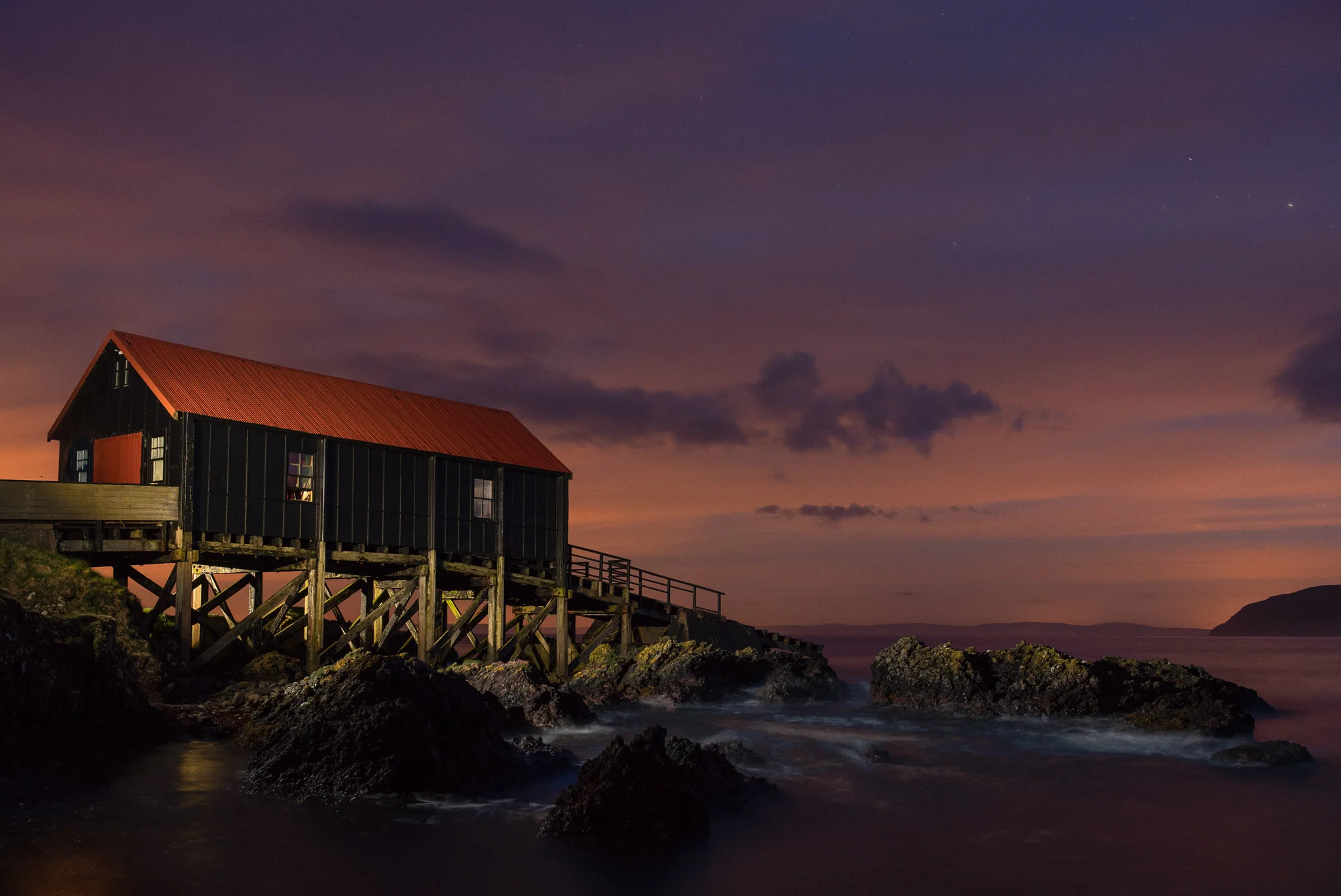 Boathouse near Campbeltown, Scotland. Nikon D5 , Nikon 24-70mm f/2.8 lens. Light painted with a Luxli Viola. 30 seconds, f/4, ISO 2000.