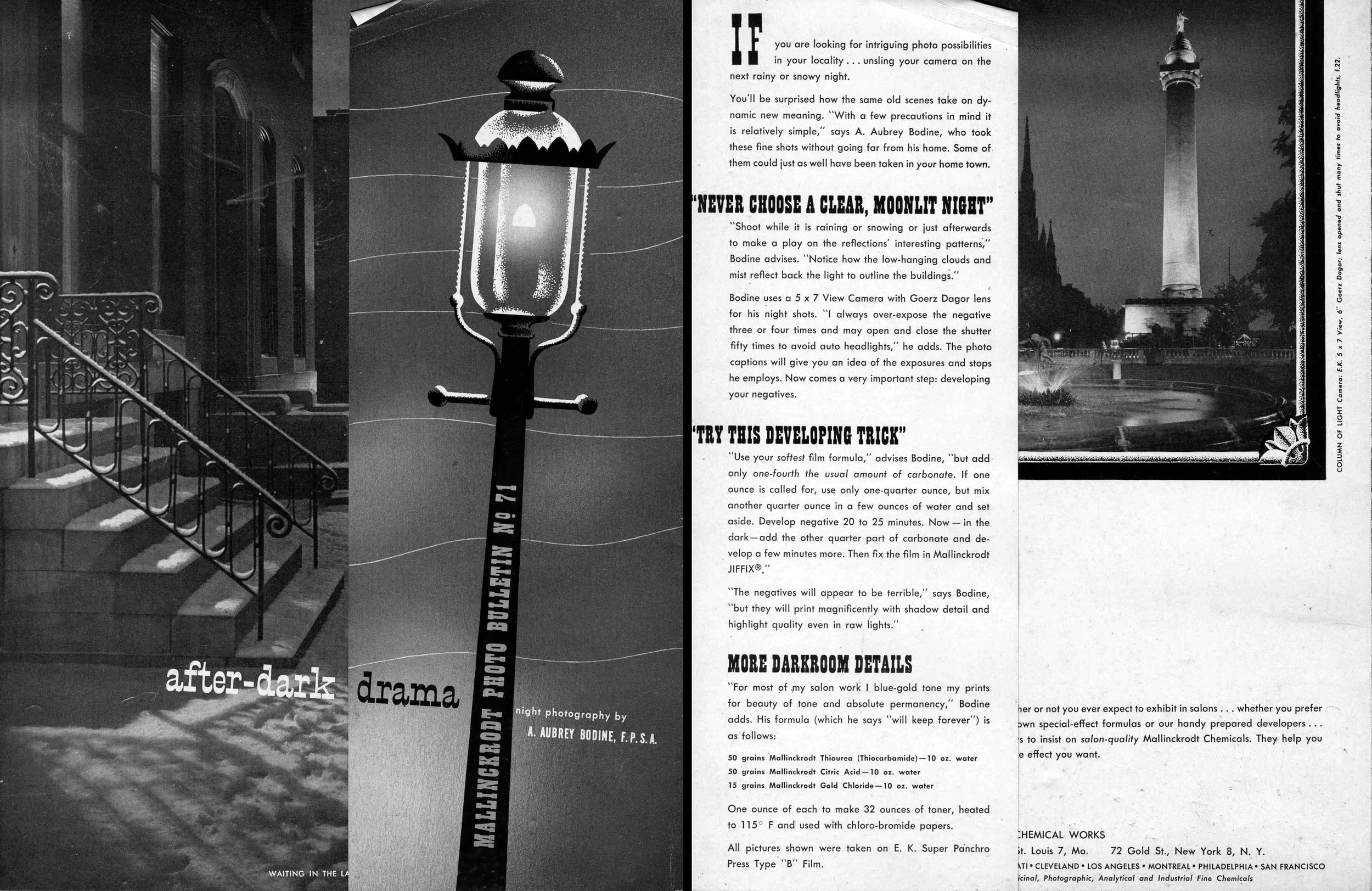 Excerpts from the Mallinckrodt Photo Bulletin No.71 from 1955, which featured the night nhotography of A. Aubrey Bodine, along with his advice for developing black and white film shot at night.