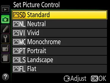 Figure 2. The Nikon Picture Control menu.