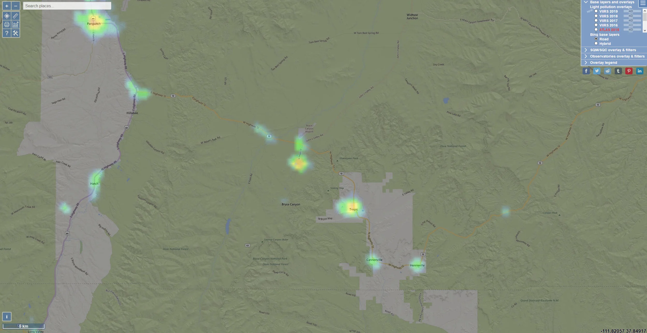 Light Pollution Map rendering of the Bryce Canon region.