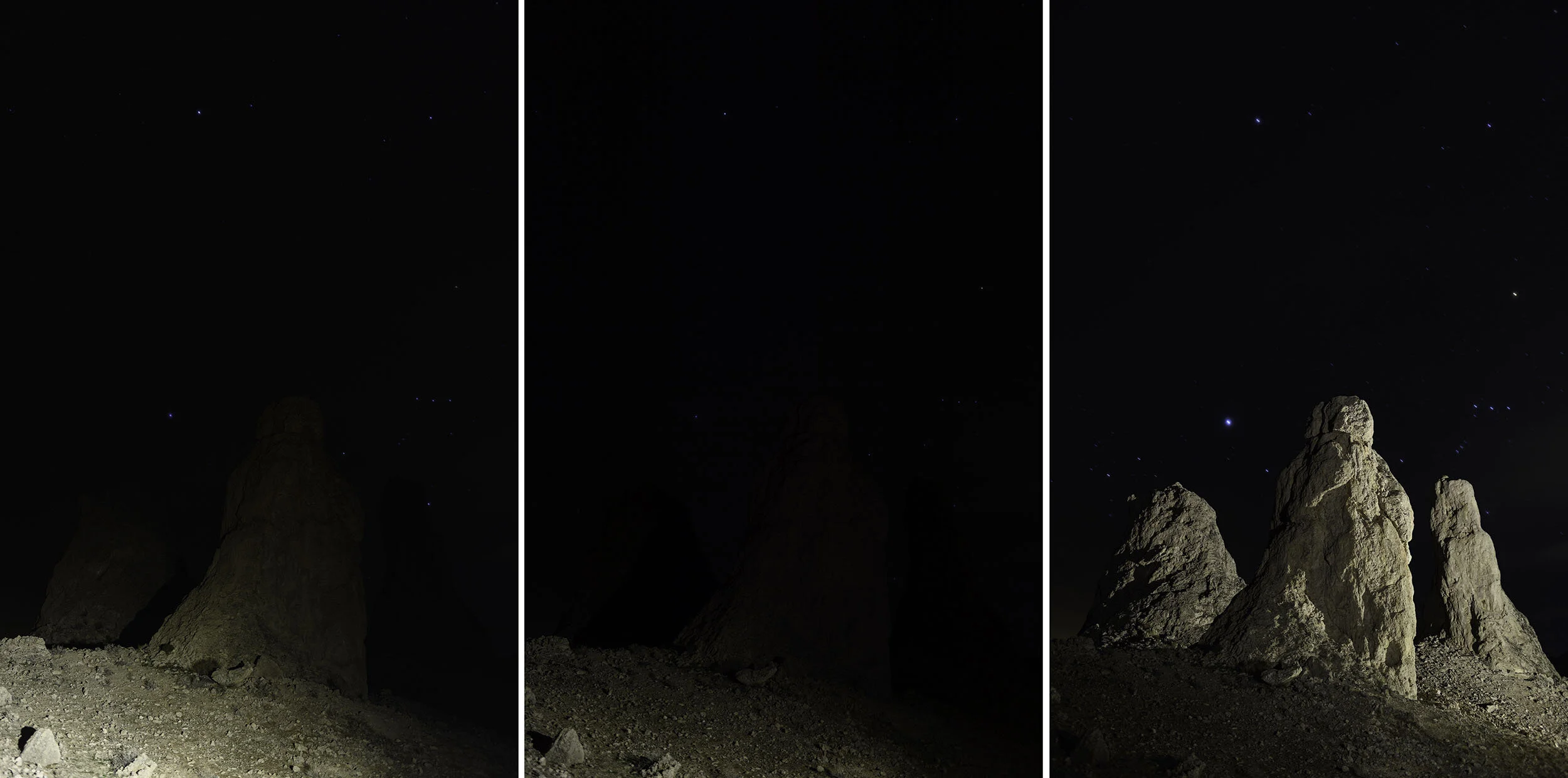Figure 7. Testing some light to draw out detail in the foreground shadows. The first take was too much light, the second just about right, and the third combined the new foreground light painting with the light on the spires.