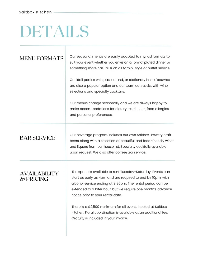 Private Event Fact Sheet — Saltbox Kitchen