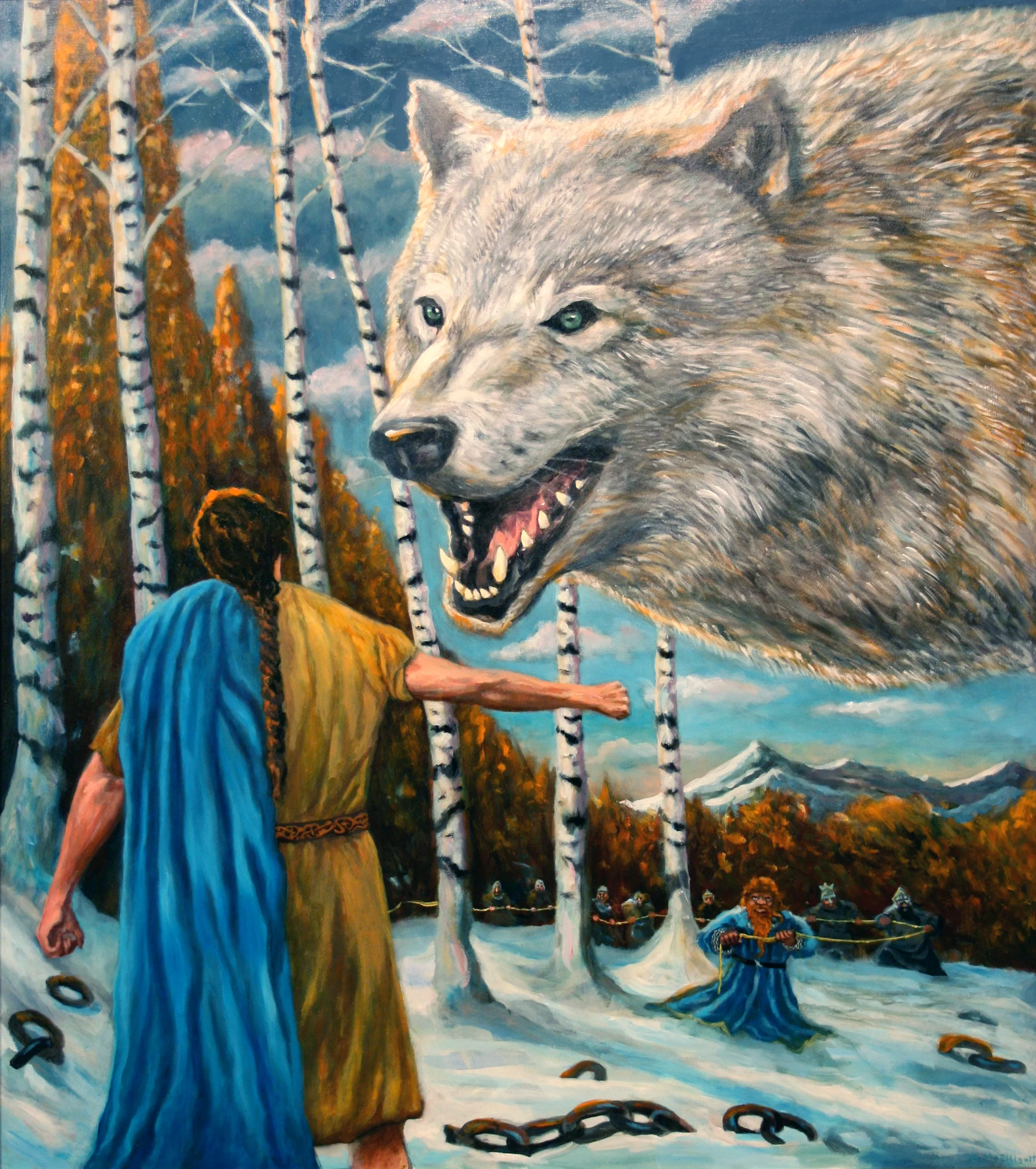 Tyr, Fenris and the Golden Thread, oil on board, 36" x 30"