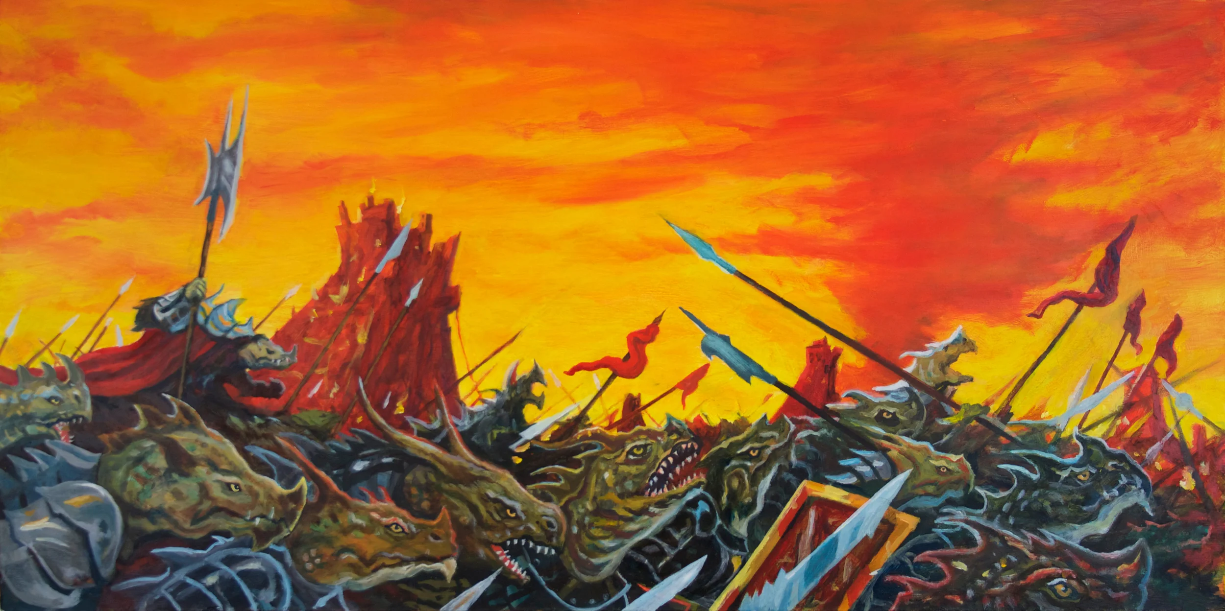 March of the Lizardfolk, oil on board, 12" x 28"
