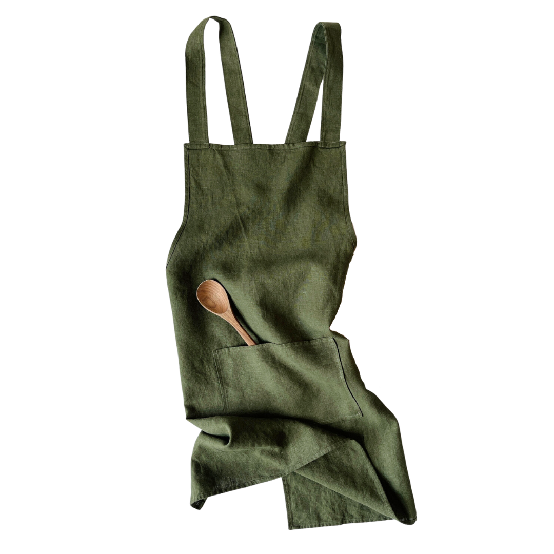 Linen Cross Back Apron • Moss — Amphitrite Studio