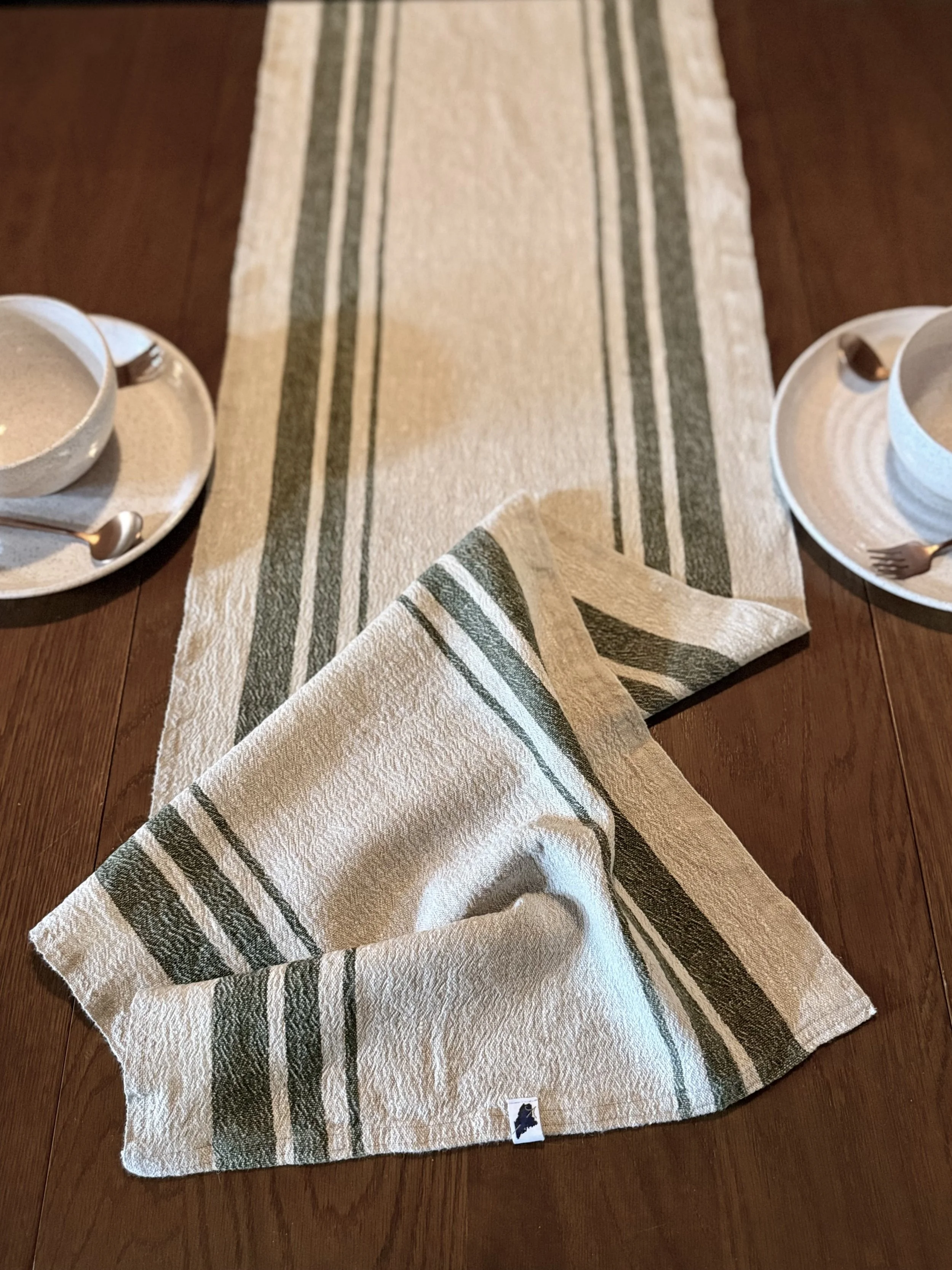 Rough Linen Table Runner  • Green French Stripe