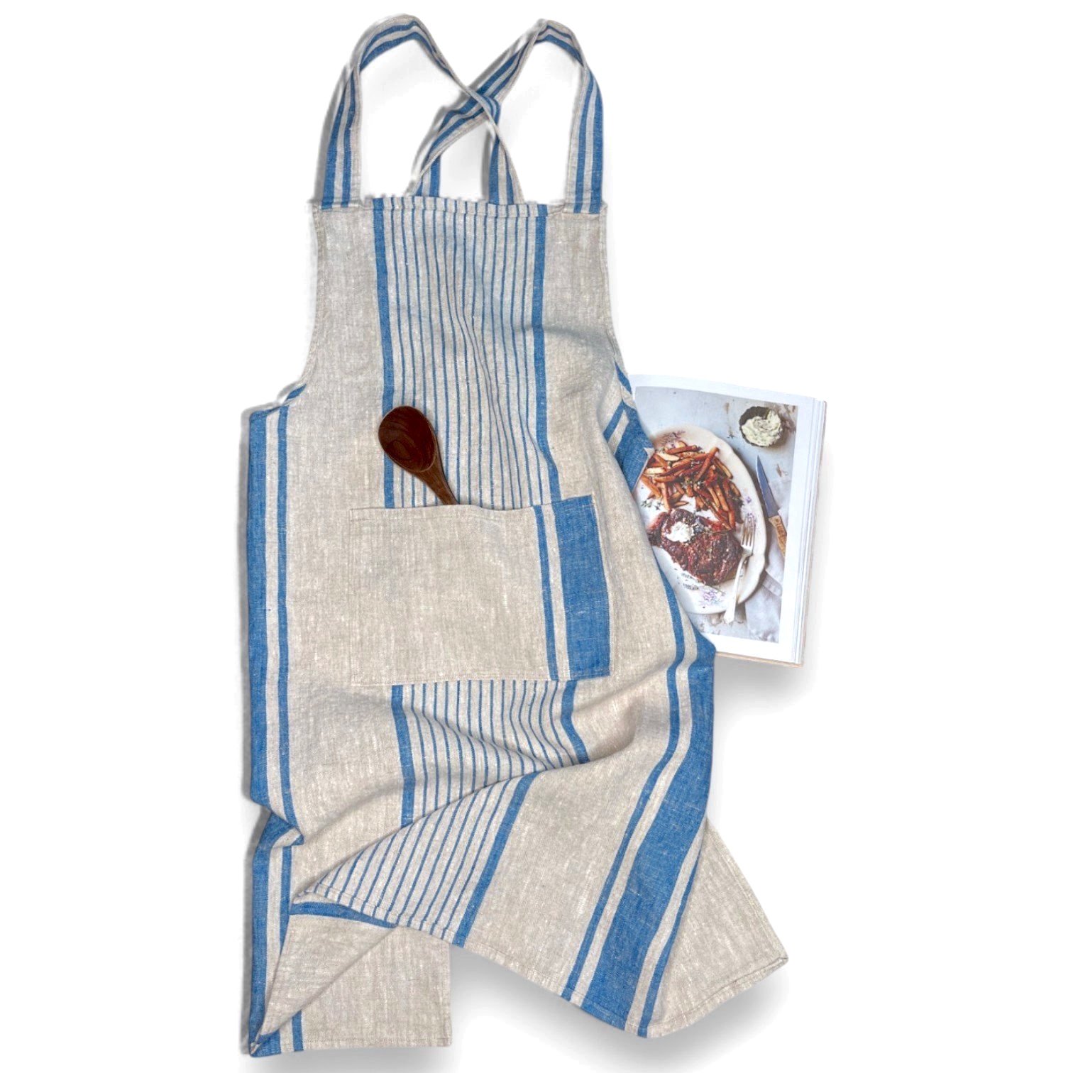 Flax & Blue French Stripe Linen Cross Back Apron