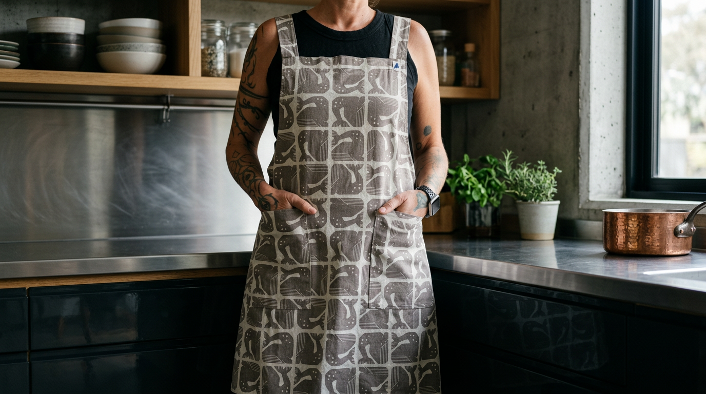 Person wearing a patterned amphitrite apron in a kitchen with open shelves, potted plants, and a copper pot on the counter.