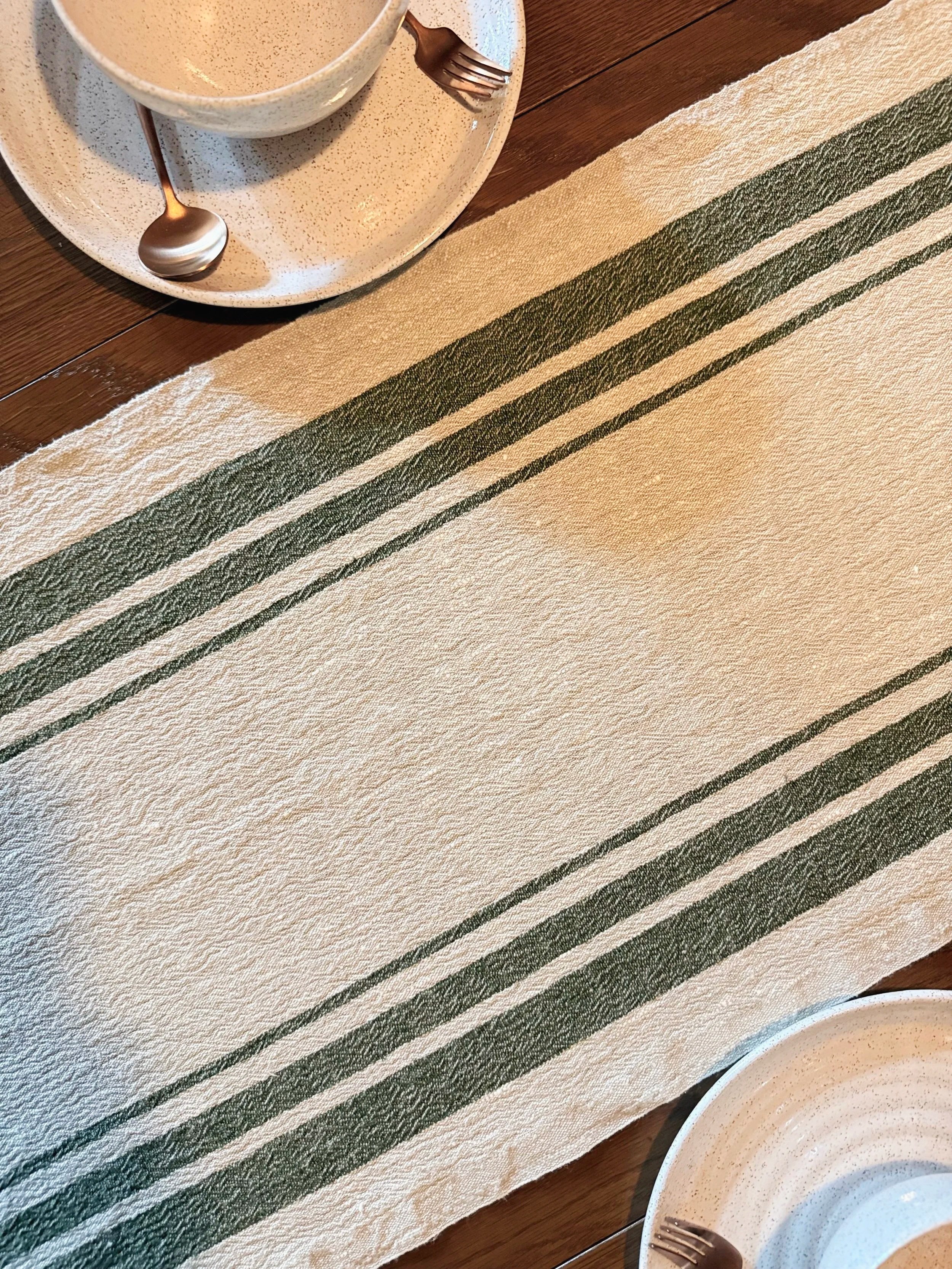 Rough Linen Table Runner  • Green French Stripe