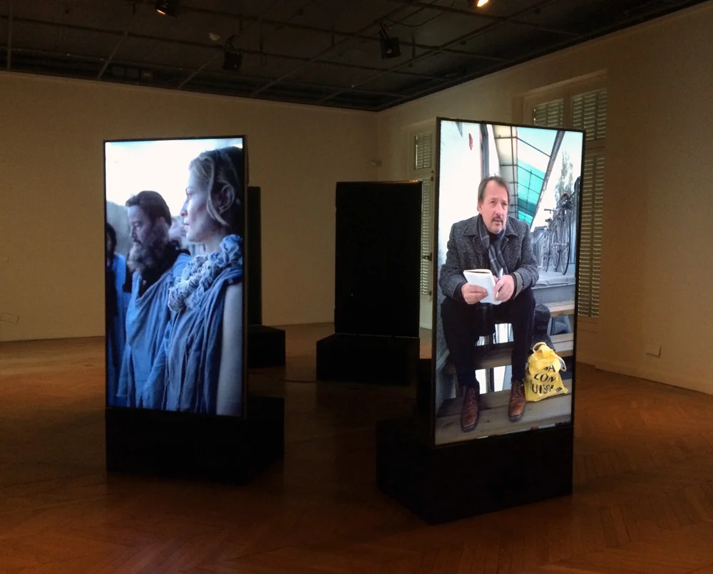   Installation view at the Canadian Cultural Centre, Paris &nbsp; Collaborative project by Denys Arcand and Adad hannah 2015, six 75" screens and six channels of 4K video transferred to HD. Produced with the support of the Conseil des arts et des let