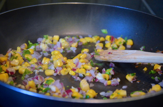 -lightly saute corn, onions, cumin seeds, garam masala, and coriander with a tbsp of vegetable oil.