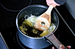 1. On very low heat, mix sugar + butter together with your wooden spoon (adjust heat as needed to slowly moisten sugar) Don't let the butter melt, it should just be moist. The sugar should look grainy like sand