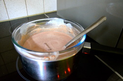 5. In a bain maire, melt the chocolate and creame fraiche together. You can use a saucepan, but make sure it's on low heat