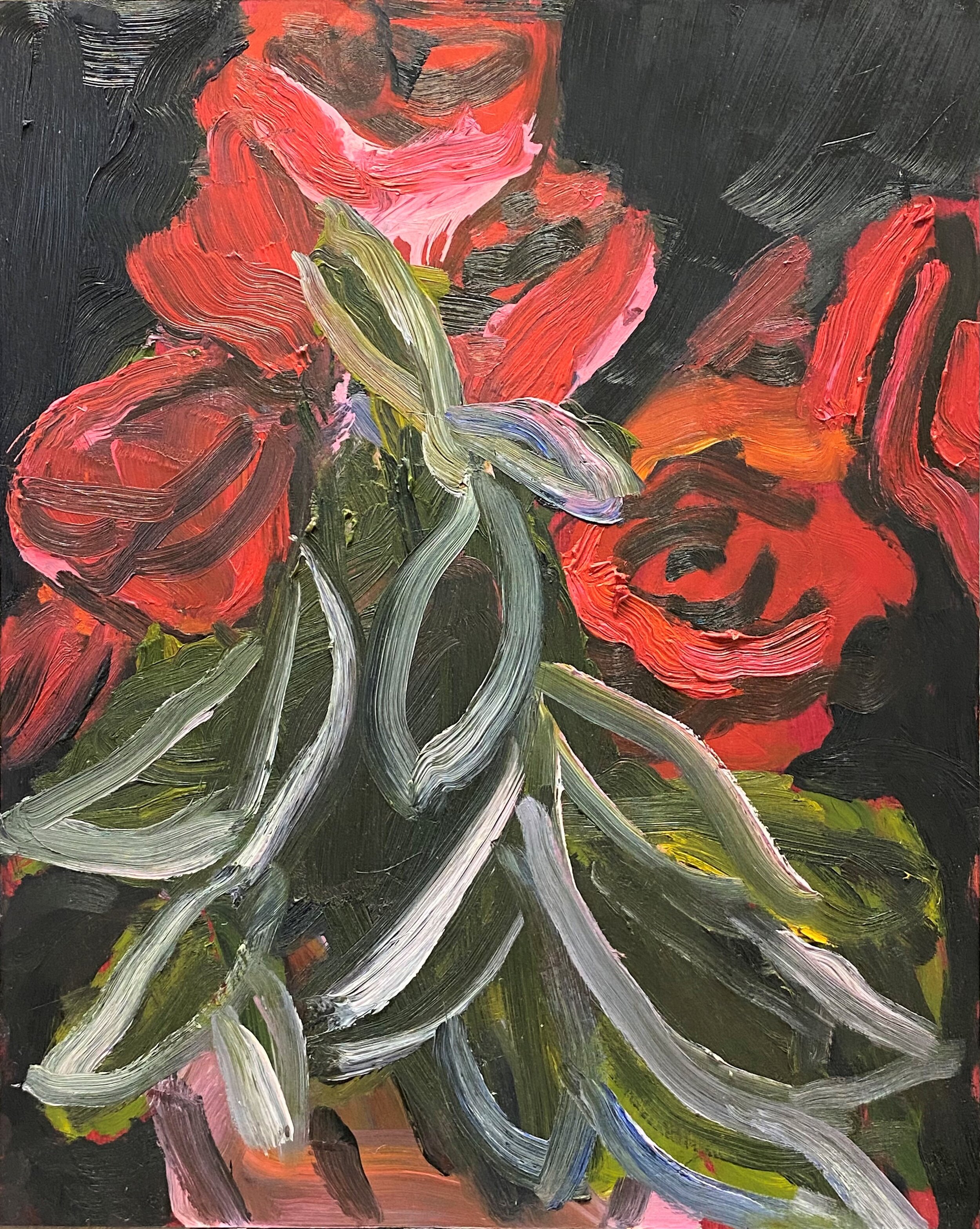 "Red Roses" Oil and acrylic on panel" 50 x 40cm. 2020