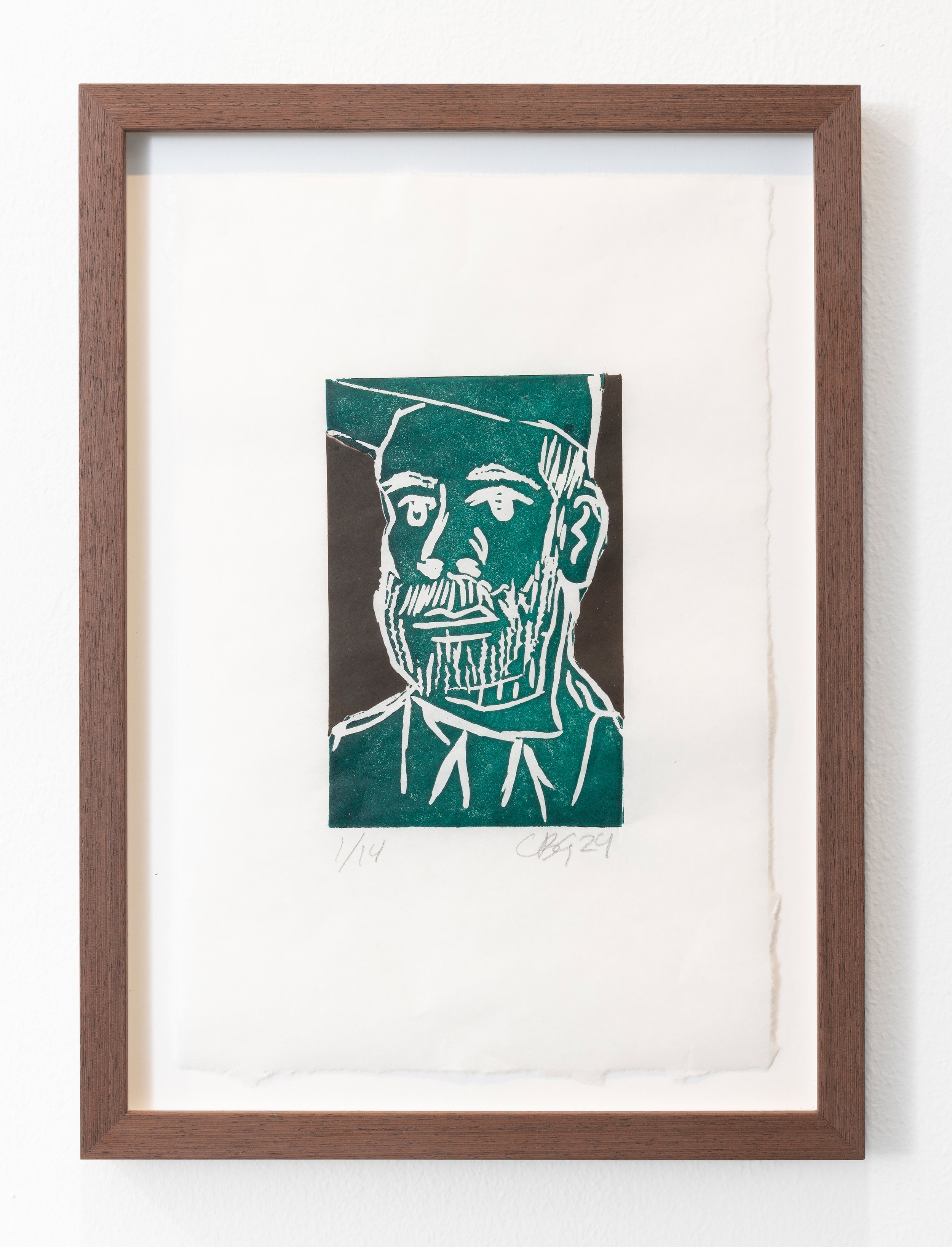 "Selvportrett med Grønn Caps" Linocut. 30 x 20cm. 2024