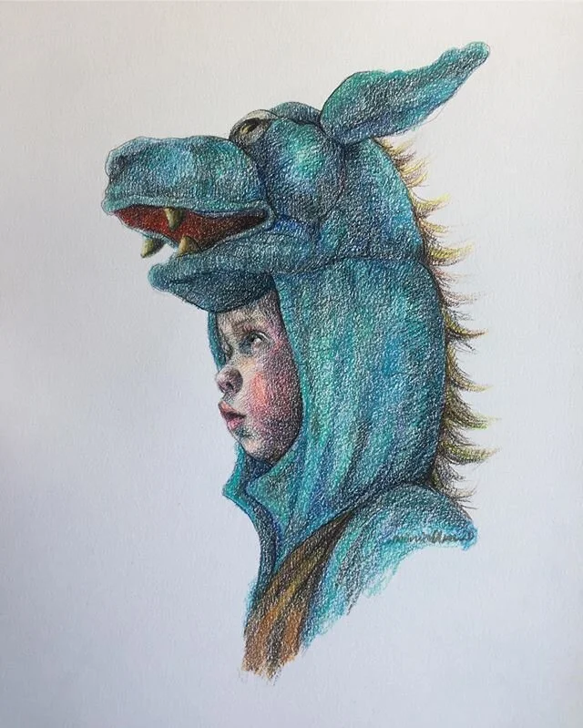 Lil&rsquo;DragonBoy, prismacolor on Canson mixed media paper, 22.9x30.5cm/9x12in, 2020. #art #drawing #dragon #costume #toddler #norway #nycart #newyork #nephew #artistsoninstagram #sculptor #commissionsopen #portraits #figurativeart #norwegian #nors