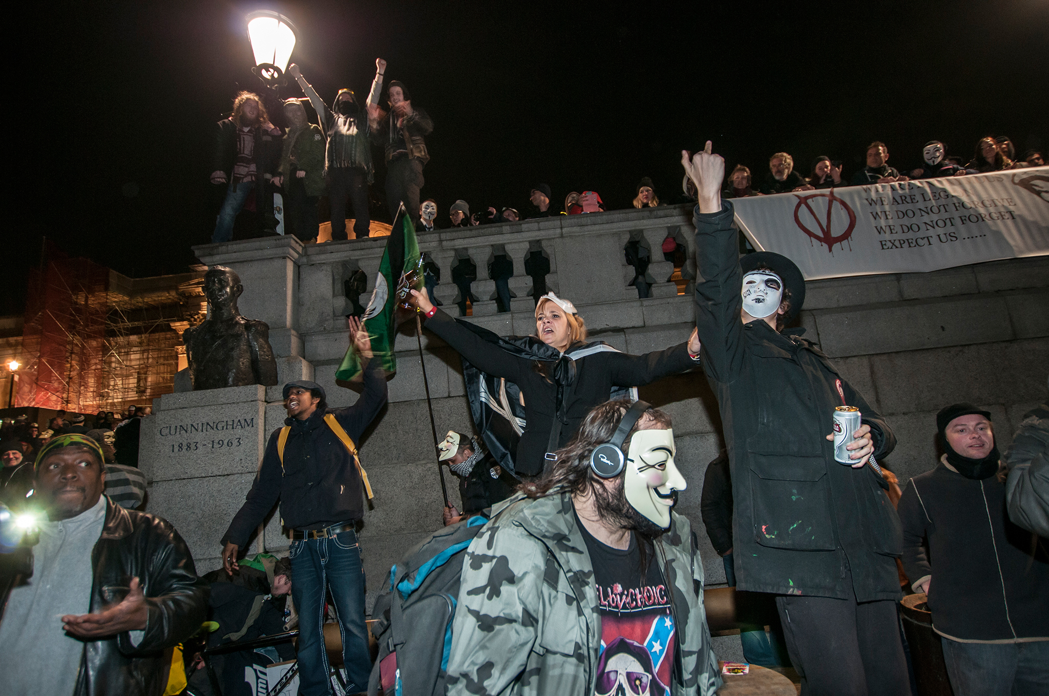 Activists of the Anonymous movement gather on Trafalgar Square in London on November 5, 2013 for a Million Mask March, a rally against corruption and state surveillance held annually on this date.