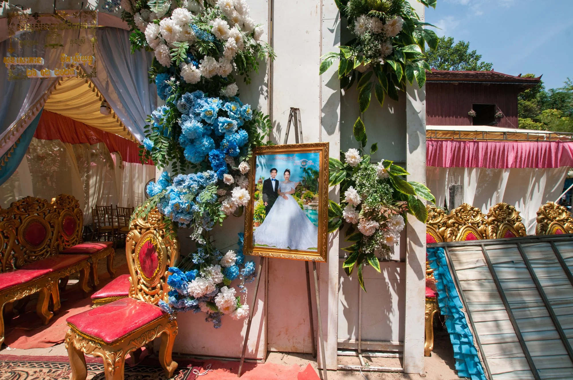  The entrance to the Khmer wedding venue is being decorated outside of Phnom Penh, Cambodia. 