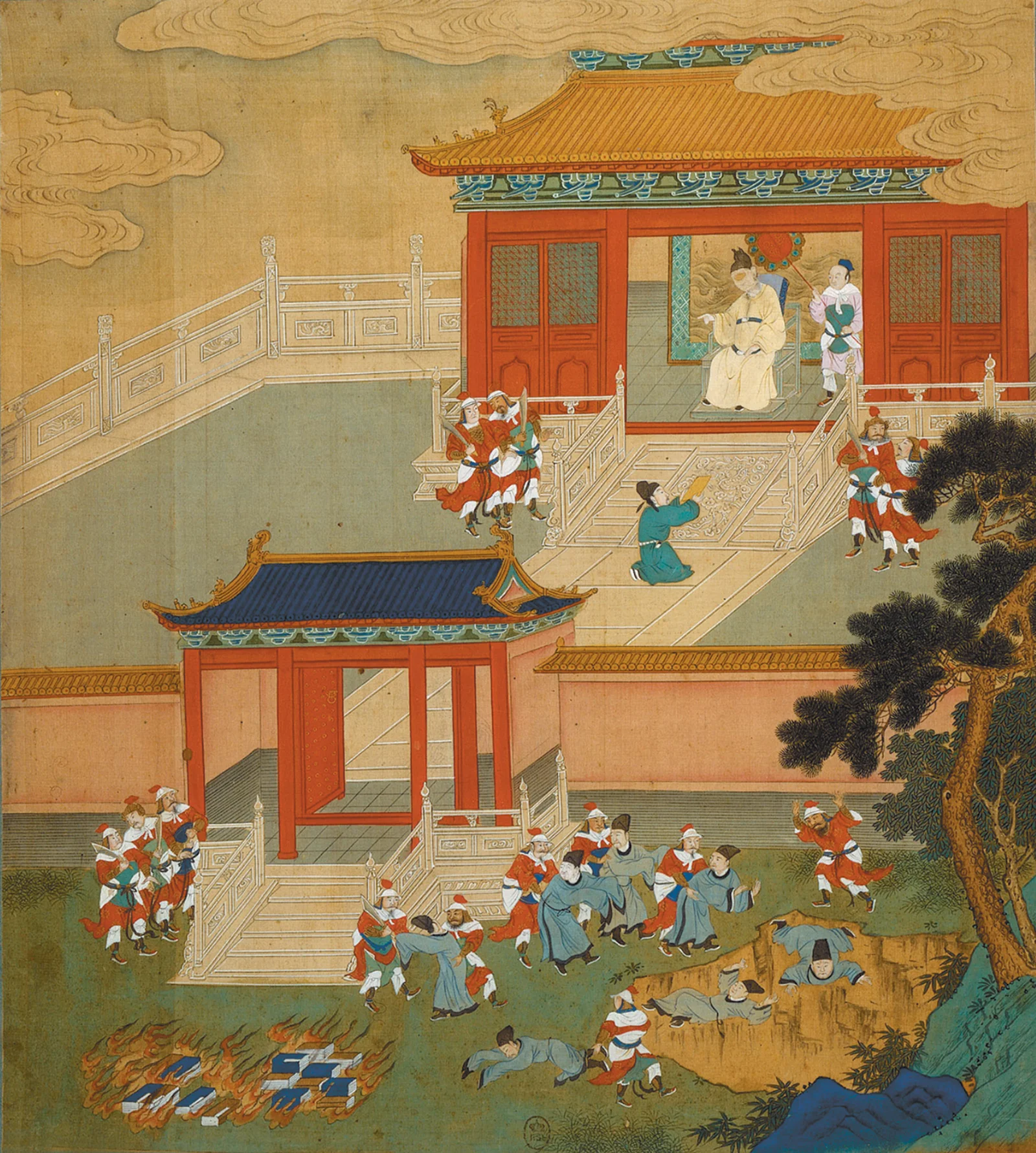 Qinshi Huangdi burning books and burying academics.