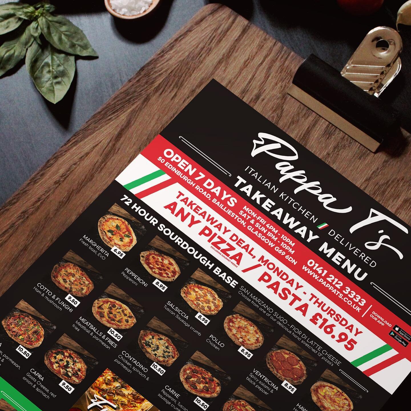 Menu design, print and distribution job for @pappatsbaillieston. Opened this week in Baillieston, Glasgow. If you like Italian food you&rsquo;ll love Pappa T&rsquo;s! #glasgowfoodies